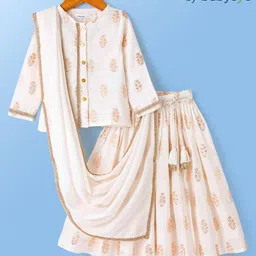 Babyoye Chanderi Jaquard Textured Fabric Full Sleeve Choli With Lehenga And Dupatta Set - White-picture-28