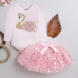 TINY MINY MEE Full Sleeves Swan Glitter  Printed  Onesie With Bow Embellished Flared Skirt & Headband - Pink-picture-25