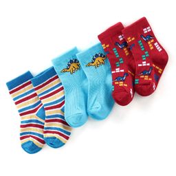 Cute Walk By Babyhug Anti-Bacterial Ankle Length Socks Stripes & Dino Design Pack Of 3 - Multicolor-picture-27