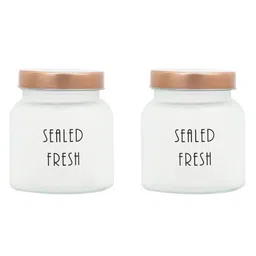 Femora Frosted Glass Jar for Kitchen Storage Gold Lid, 700 ml, Set Of 2-picture-13
