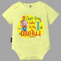 The Peppy Tend Diwali Theme 100% Cotton Half Sleeves Cant Keep Calm Its My First Diwali Text Printed Onesie - Yellow-picture-18