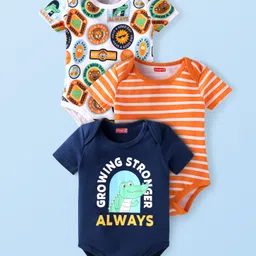 Babyhug Interlock Knit Half Sleeves Onesies With Animal & Text Print Pack of 3 - Navy Blue Orange & White-picture-26