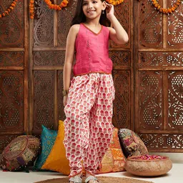 Pspeaches Blended Sleeveless Threadwork Embroidered Mirror Work Detailed & Floral Printed Dhoti Kurta Set - Pink-picture-18