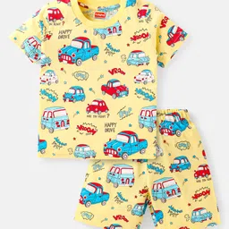 Babyhug Cotton Knit Half Sleeves Shorts Night Suit With Car Print - Yellow-image-65