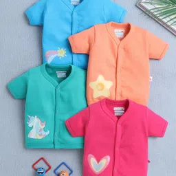 BUMZEE Cotton Knit Front Open Half Sleeves Unicorn Theme Printed Jhablas Pack Of 4 - Dark Pink Blue & Orange-image-84