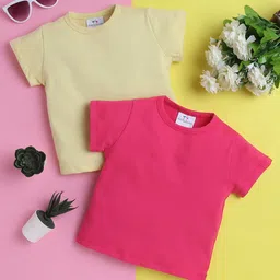 Knitting Doodles Pure Cotton Pack Of 2 Half Sleeves Solid Tees - Lemon Yellow & Dark Pink image 1