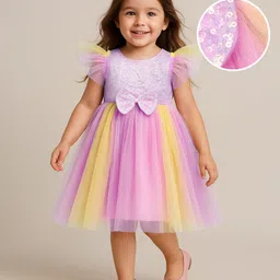 Babyhug Woven Frill Sleeves Party Dress With Sequinned Yoke & Bow Applique - Lavender-image-1