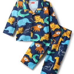 Babyhug Cotton Knit Full Sleeves Co-ords Night Suit With Animal Print - Navy Blue-picture-22