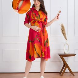 Bella Mama Woven Three Fourth Sleeves Maternity Shirt Dress With Floral Print - Orange-picture-8