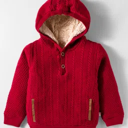 Yellow Apple Knit Full Sleeves Pull Over Sweater With Hood & Cable Knit Design - Maroon-picture-20
