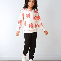 Anthrilo Fleece Knit Full Sleeves Bow Printed Sweatshirt With Joggers - White & Black-picture-32