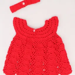Woonie Short Sleeves Flower Crochet Detailed Woolen Dress With Coordinating With Headband - Red image 3