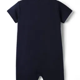 Mark & Mia Cotton Knit Half Sleeves Solid Color Front Open Romper with Bow Applique - Navy Blue image 2