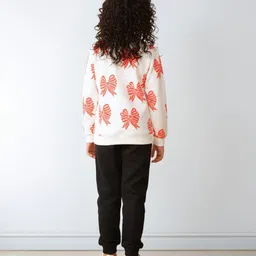 Anthrilo Fleece Knit Full Sleeves Bow Printed Sweatshirt With Joggers - White & Black image 3