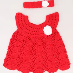 Woonie Short Sleeves Flower Crochet Detailed Woolen Dress With Coordinating With Headband - Red image 4
