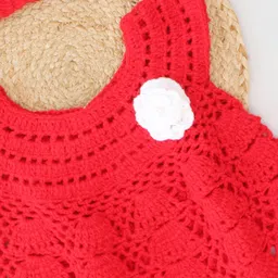 Woonie Short Sleeves Flower Crochet Detailed Woolen Dress With Coordinating With Headband - Red image 5