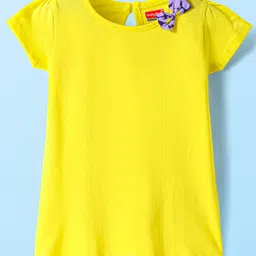 Babyhug Single Jersey Knit Half Sleeves Dresses With Floral Print & Bow Applique Pack of 2 - Neon Green & Navy Blue image 4
