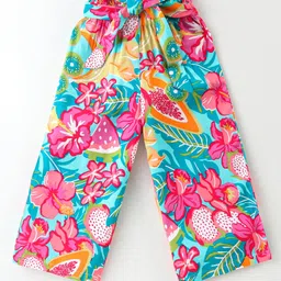 CrayonFlakes Rayon Woven Sleeveless Floral Printed Peplum Top With Coordinating Belted Palazzo Set - Pink image 5