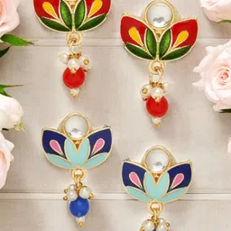 Anouk Set Of 2 Artificial Stones Studded and Beaded Meenakari Floral Shaped Studs-picture-35