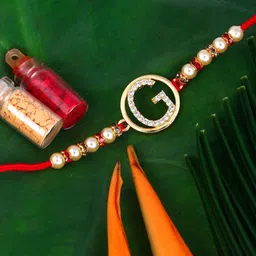 Vighnaharta Gold Plated Cubic Zirconia Studded G Alphabet Thread Rakhi-picture-35
