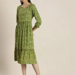 Sangria Green Printed Ethnic A-Line Dress image 3