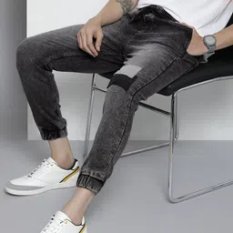 The Indian Garage Co Men Black Jean Slim Fit Heavy Fade Cuffed Hem Patch Work Jeans-image-30