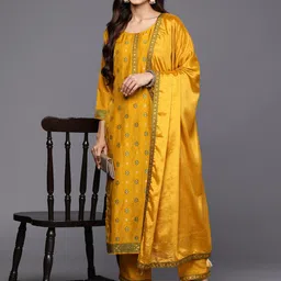 Libas Women Mustard Yellow Floral Kurta with Trousers & With Dupatta-picture-36