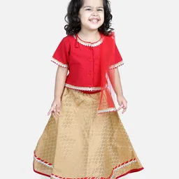 BownBee Half Sleeves Lace Embellished Top & Jacquard Detailed Lehenga With Dupatta - Red-picture-28