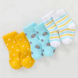 Cutewalk By Babyhug Anti Bacterial Ankle Length Non Terry Socks Floral Design Pack of 3- Yellow & Blue-image-39