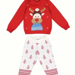 kids of greendeer Greendeer 100% Cotton Jacqaurd Full Sleeves Reindeer Printed Sweater With Lower - Cream & Cherry Red-picture-17