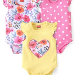 Babyhug 100% Cotton Frill Sleeves Onesies With Heart & Floral Print Pack Of 3 - Pink & Yellow-image-25