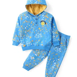 Babyhug Cotton Knit Full Sleeves Printed Hooded T-Shirt & Lounge Pants Set With Colour Splash Print & Smiley Patch - Blue-picture-15