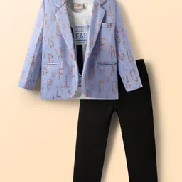 Rikidoos Full Sleeves Alphabets Printed Blazer With Tee & Pant Set - Light Blue & Black-image-23