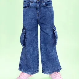 Kiddopanti Denim Woven Mild Washed Cargo Flared Jeans - Medium Blue-image-77