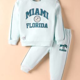 CUCUMBER Sinker Knit Full Sleeves T-Shirt & Lounge Pant Set with Beach Theme Print - Aqua Blue-picture-32