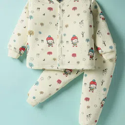 Teddy Fleece Knit Full Sleeves Co-ords Winter Night Suit with Bear Print - Light Green-image-3