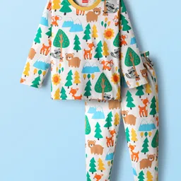 Babyhug Cotton Knit Full Sleeves Co-ords Night Suit with Jungle Theme Print - White-picture-12