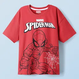 Honeyhap Marvel Single Jersey Knit Half Drop Shoulder Sleeves T-Shirt & Shorts Set With Spider-Man Graphics - Red & White image 2