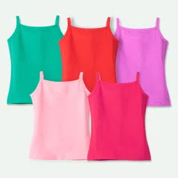 Ariel Cotton Lycra Knit Pack Of 5 Sleeveless Solid Camisoles - Green Red Purple & Pink image 3