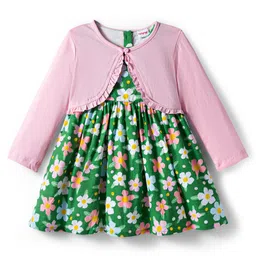 Babyhug Cotton Knit Floral Printed Frock with Full Sleeves Shrug - Pink & Green image 2