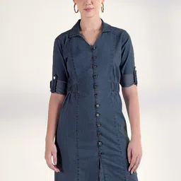 SHOWOFF Women Solid Denim Shirt Above Knee Length Dress-image-6