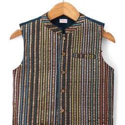 Babyhug Woven Full Sleeves Kurta Pyjama Set With Floral Embroidered Nehru Jacket - Navy Blue image 4