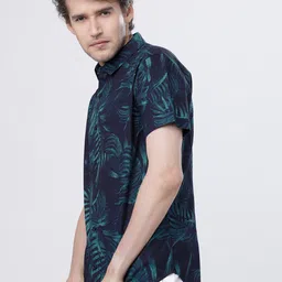 HIGHLANDER Men Navy Blue & Green Slim Fit Printed Casual Shirt image 4