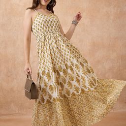 Globus Floral Print V-Neck Shoulder Strap Fit & Flared Tiered Maxi Fusion Dress-picture-32