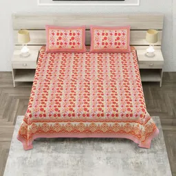 SP DESIGNS Yellow & Peach-Coloured Floral Pure Cotton 240 TC King Bedsheet Set-2.74mX2.74m-image-77