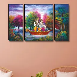 SAF Set Of 3 Green & White Radha Krishna Printed Wooden Wall Art image 4