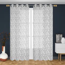 Florida Mimosa Charcoal & White 2 Pieces Floral Printed Velvet Sheer Long Door Curtains-image-51