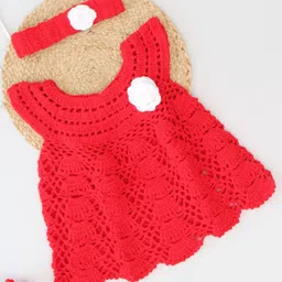 Woonie Short Sleeves Flower Crochet Detailed Woolen Dress With Coordinating With Headband - Red-image-6