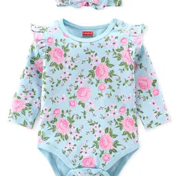 Babyhug 100% Cotton Full Sleeves Onesie with Head Band Floral Print - Blue-picture-18