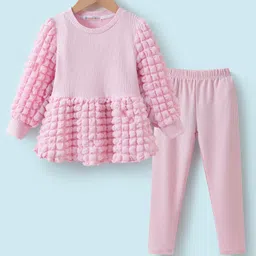 Kookie Kids Full Sleeves Top & Leggings Set with Pop Corn Texture Detailing - Pink image 1